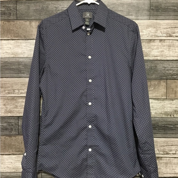 H&M Slim Fit Non Iron Polka Dot Button Up Shirt Men’s S Gray Blue Lightweight - Picture 3 of 8